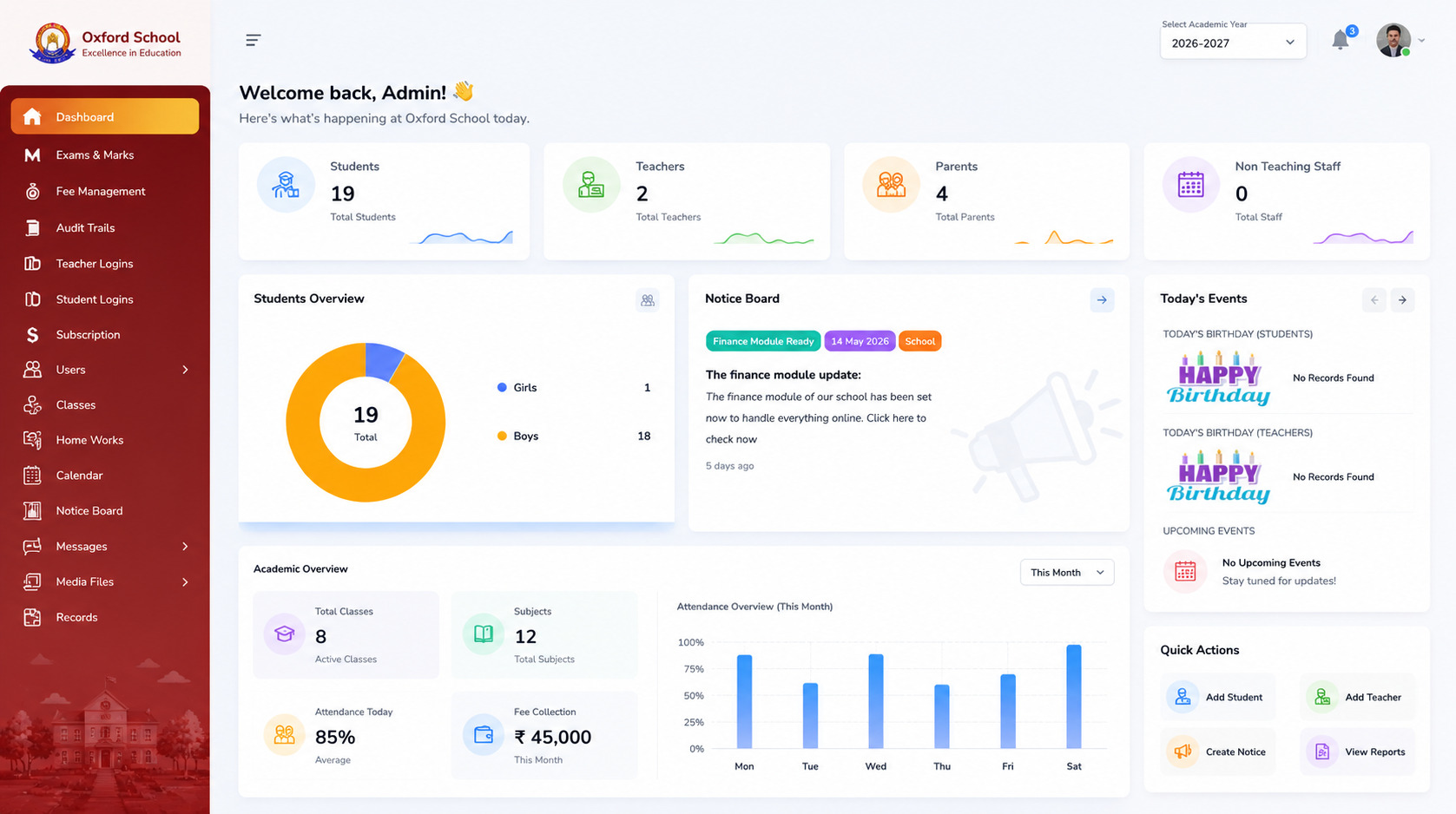 School ERP dashboard screenshot